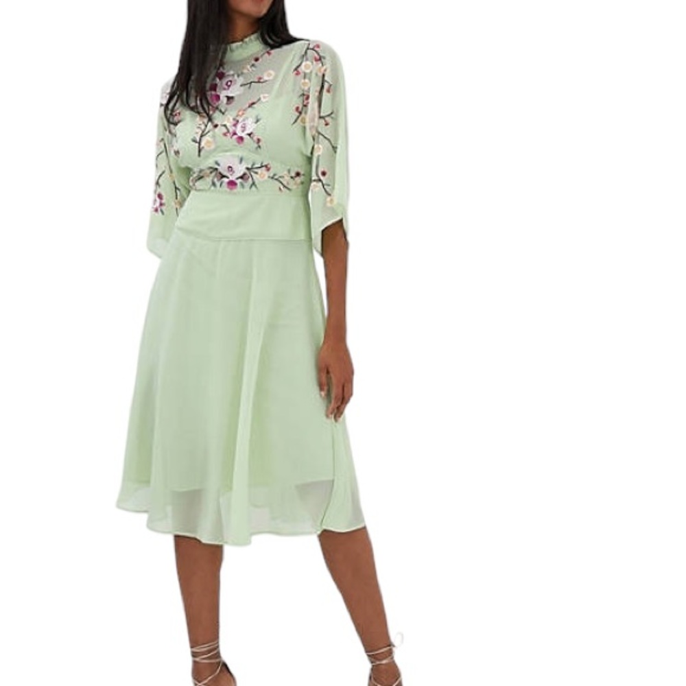 ASOS Pale Green Floral Embroidered Midi Dress